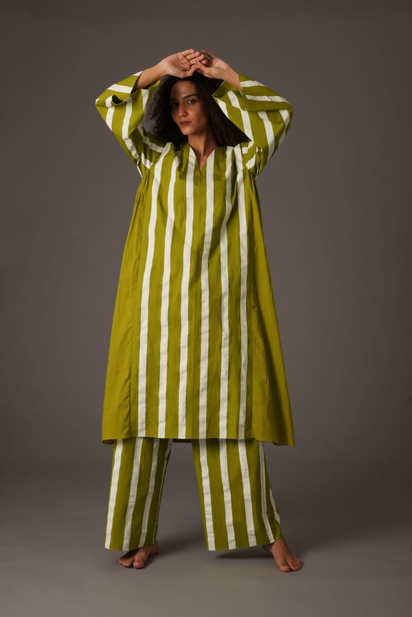 Stripe V-Neck Dress With pant — Khat