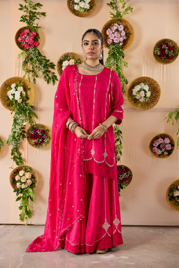 Magenta Color Block Kurta With Sharara & Embroidered Dupatta — Pooja Singhal