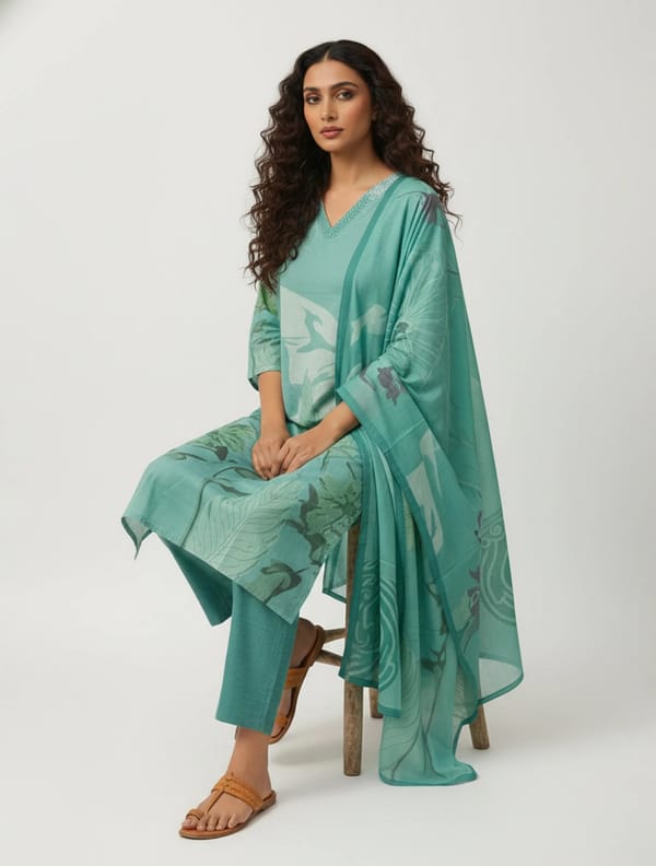Floral Print Straight Kurta Pant Dupatta Set — Truebrowns