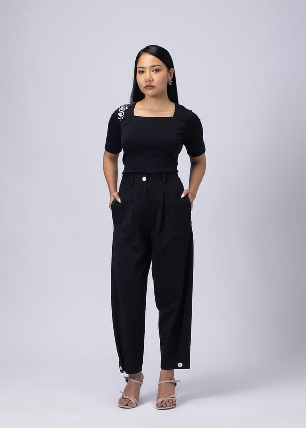 Carbon Black High-Rise Barrel-Leg Trousers — Alonge