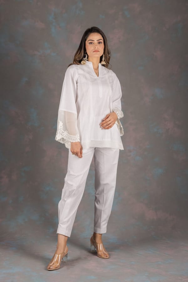 White Embroidered Cotton Co-ord Set with Tapered Pants — NEETIKA CHOPRA