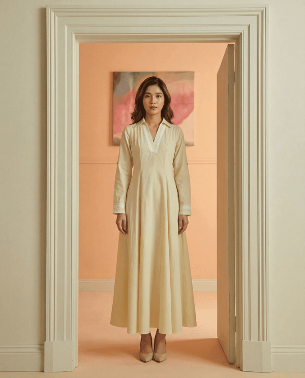 Butter Yellow Cotton Satin Collared Maxi A-Line Dress — Sage by Mala