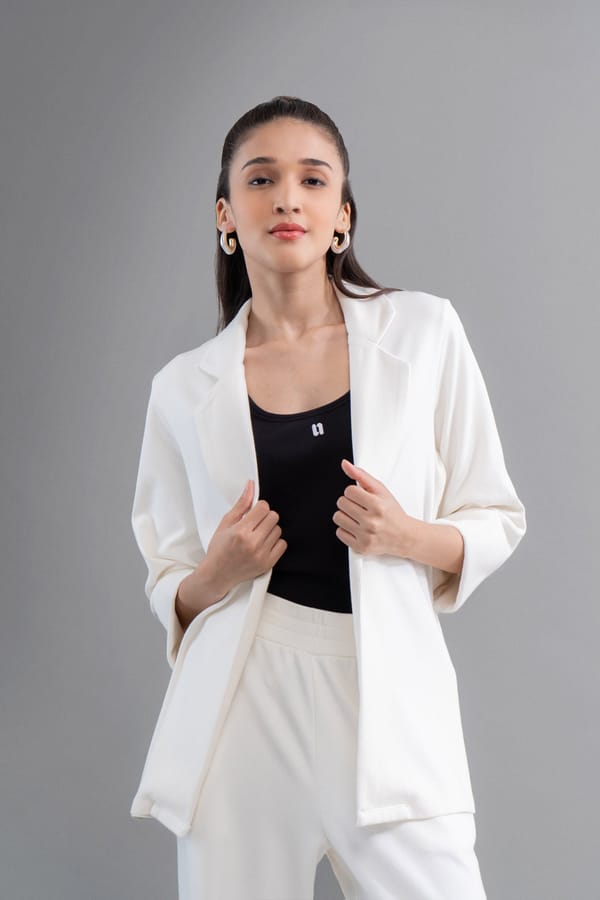 Ivory Interlock Knit Blazer with Lapel Collar — Necesera