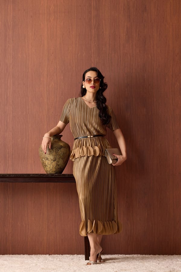 Golden Taupe Pleated Satin Top and Midi Skirt Co-ord Set — Scarlet Sage