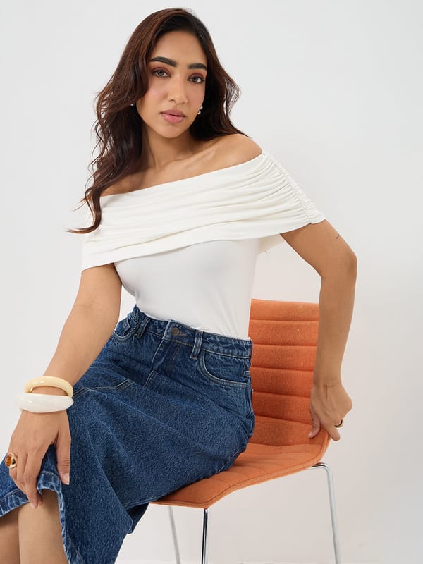 Bamboo White Knit Off Shoulder Top — Femmella