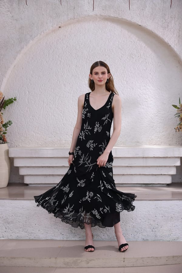Black Hand-Beaded Bias-Cut Midi Slip Dress — EDITION II