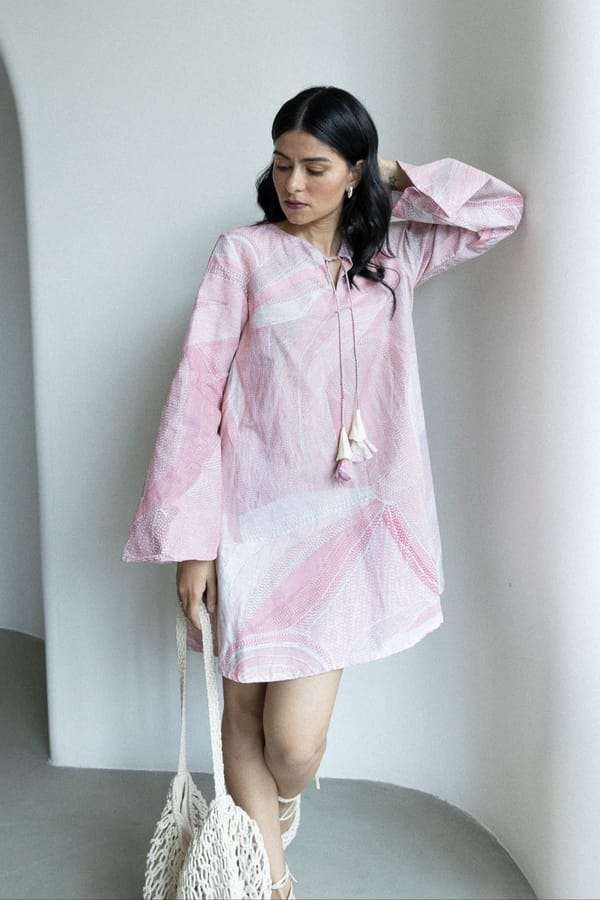 Pink/White Abstract Dot Print A-Line Mini Dress — MOMENT BOMBAY