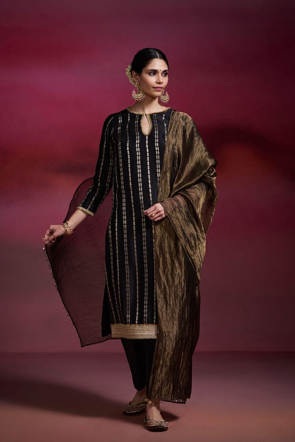 Shyama Black Silk-Cotton Brocade Straight Kurta Set — Dressfolk