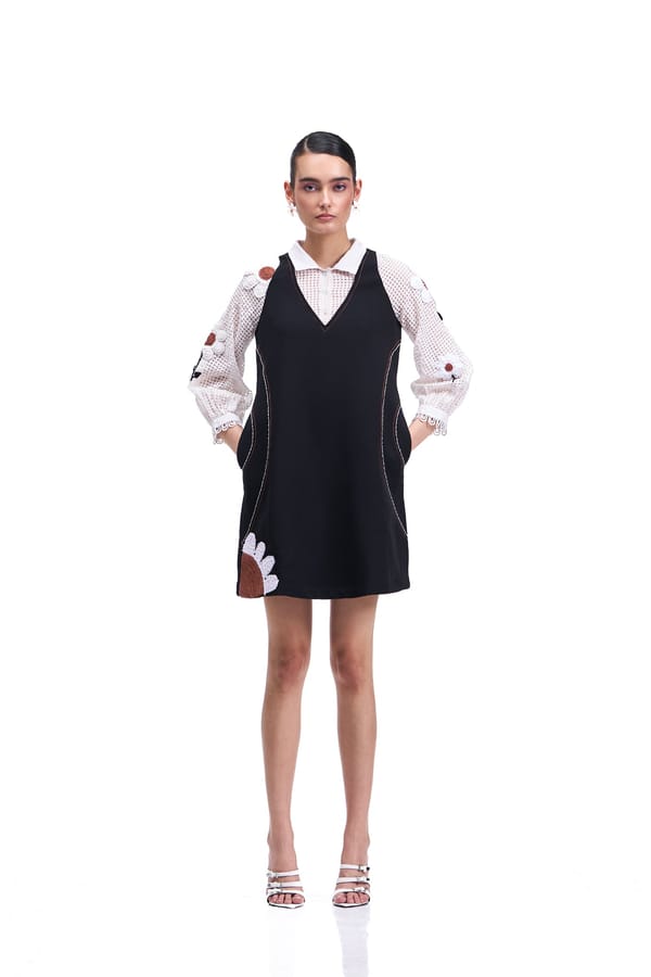 Black A-Line Mini Dress with Collared Yoke and Applique — Our Love