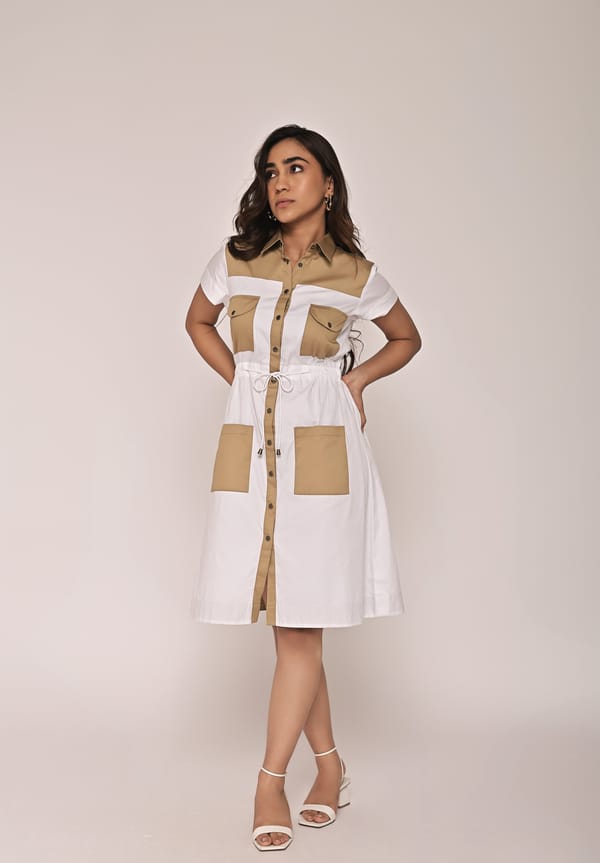 Beige and White Colorblocked Utility Shirt Dress — Escape By Aishwarya
