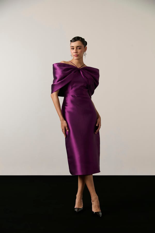 Purple Satin Off-Shoulder Bow Sheath Midi Dress — Label IRIS