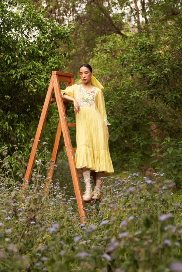 Butter Yellow Embroidered Yoke A-Line Kurta Set with Pants — NIRVAIR CLOTHING