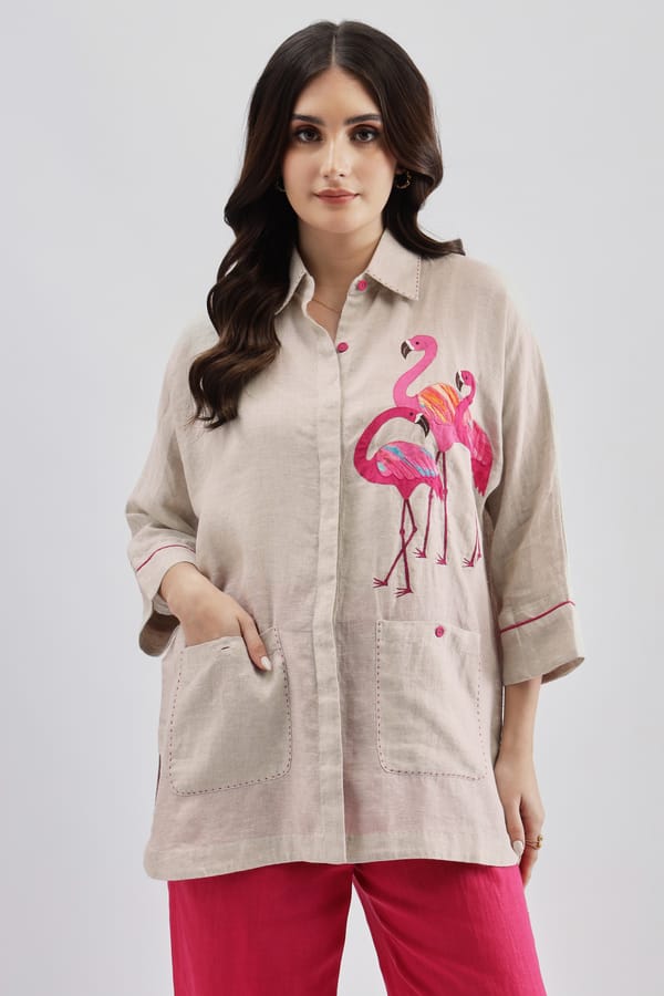 Beige Linen Longline Shirt with Flamingo Artwork — Linen Bloom