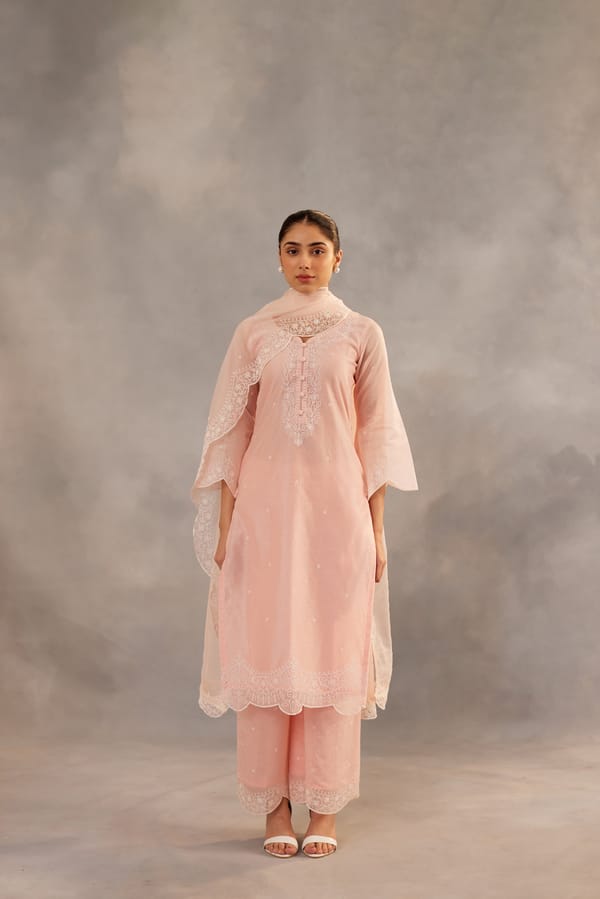 Peach Straight Embroidered Kurta Set with Organza Dupatta — NARAYANI VASTRA