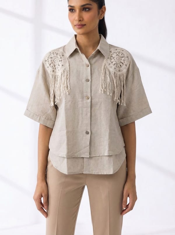 Beige Crochet Shoulder Fringe Detail Button-Down Shirt — ASPRIN FASHION