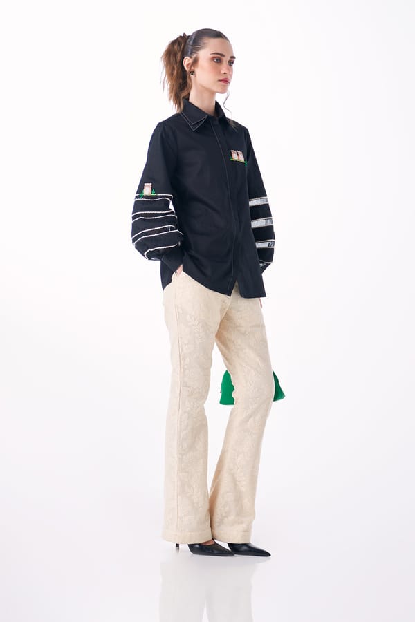 Black Cotton Satin Embroidered Shirt with Balloon Sleeves — Our Love
