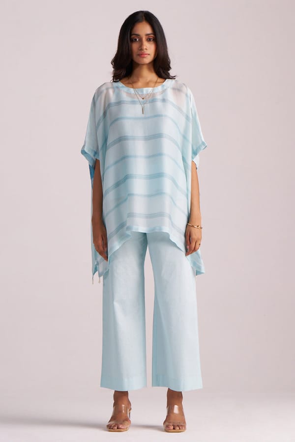 Misty Blue Sheer Kaftaan and Wide-Leg Co-ord Set — Ganga Fashions Pvt Ltd
