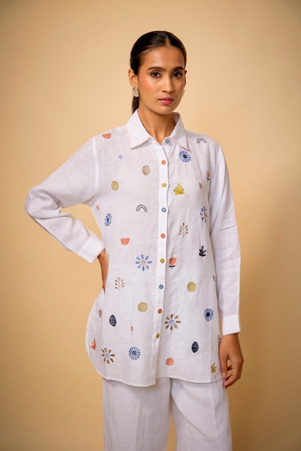 White Linen Embroidered Longline Button-Down Shirt — Linen Bloom