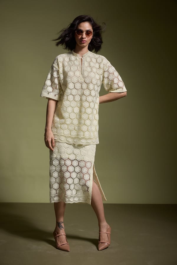 Lemon Yellow Geometric Cutout Lace Midi Skirt — Dash and Dot