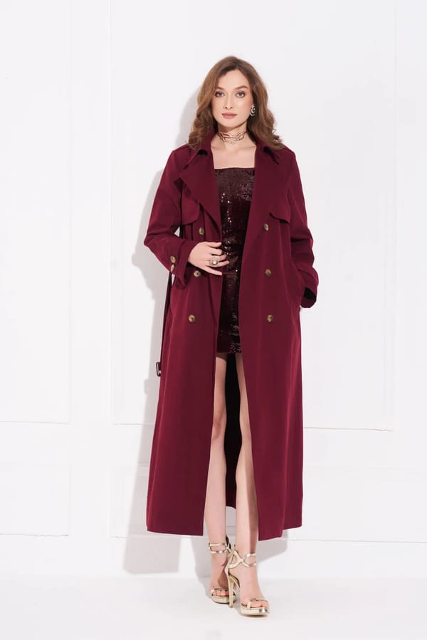 Burgundy Oversized Cotton Twill Trench Coat — Torqadorn