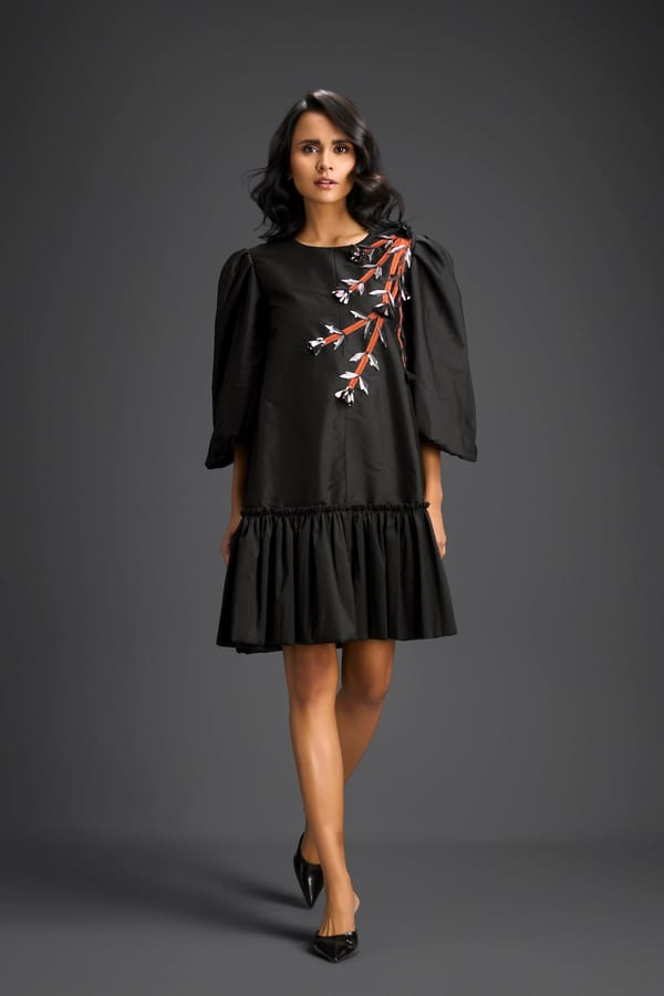 Black/Rust Embroidered Puff Sleeve Smock Mini Dress — Deepika Arora