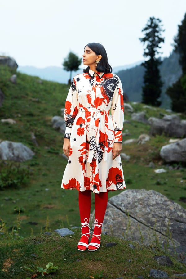 White/Red Printed Midi Shirt Dress with Detachable Belt — White Saturn
