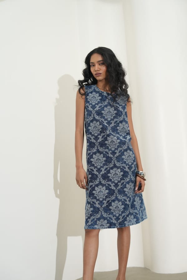 Denim Brocade Tapestry Design Shift Dress — Cloth Haus