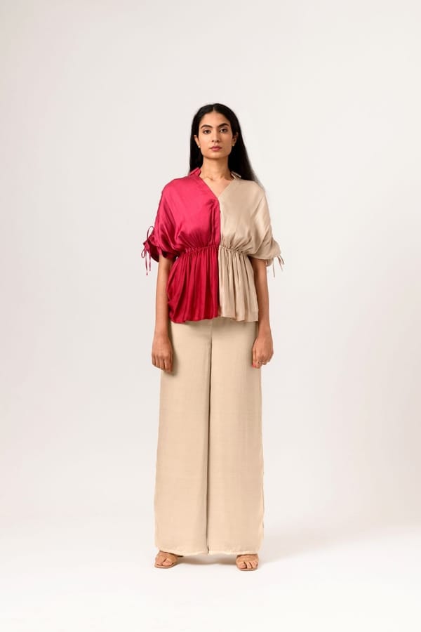 Ecru-Wine Colorblock Peplum Blouse with Tie-Up Sleeves — Neora