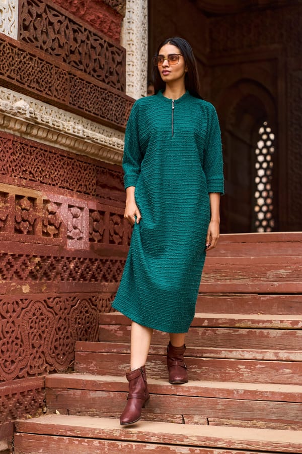 Emerald Textured Knit Zip-Neck Midi Dress — Dash and Dot