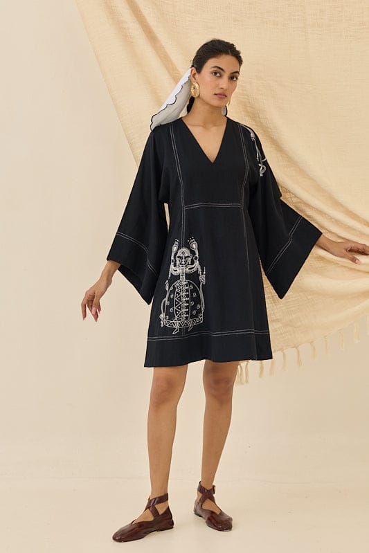 Black Kala Cotton Mini Shift Dress with White Embroidery — JODI