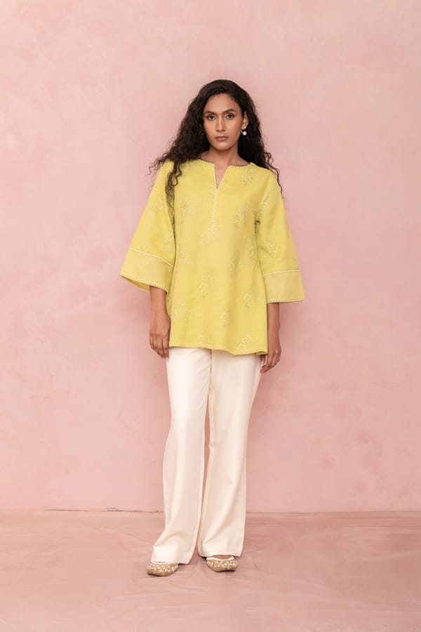 Yellow Cotton Tunic Top with Tonal Embroidery — LABEL NAARITI