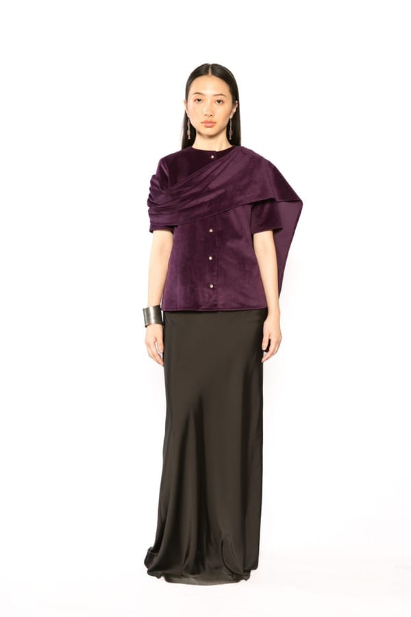 Purple Velvet Button-Front Top with Asymmetric Drape — Contemponari