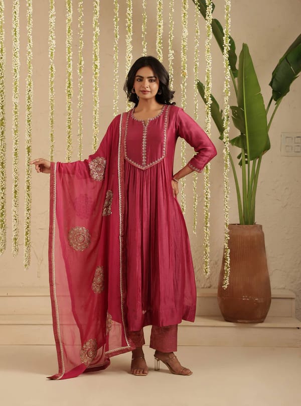 Deep Magenta Sequence Suit Set — Gulabik