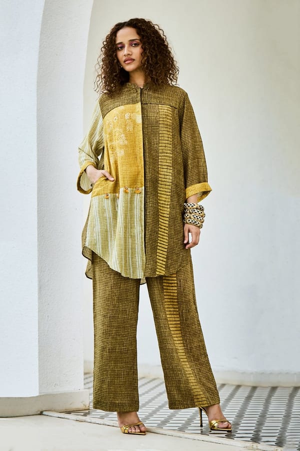 Yellow Linen Colorblocked Tunic and Wide-Leg Co-ord Set — Basil Leaf