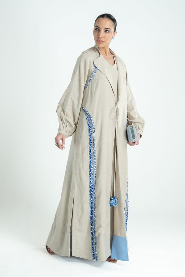 Neutral Cotton-Linen Embroidered Longline Shrug — Our Love