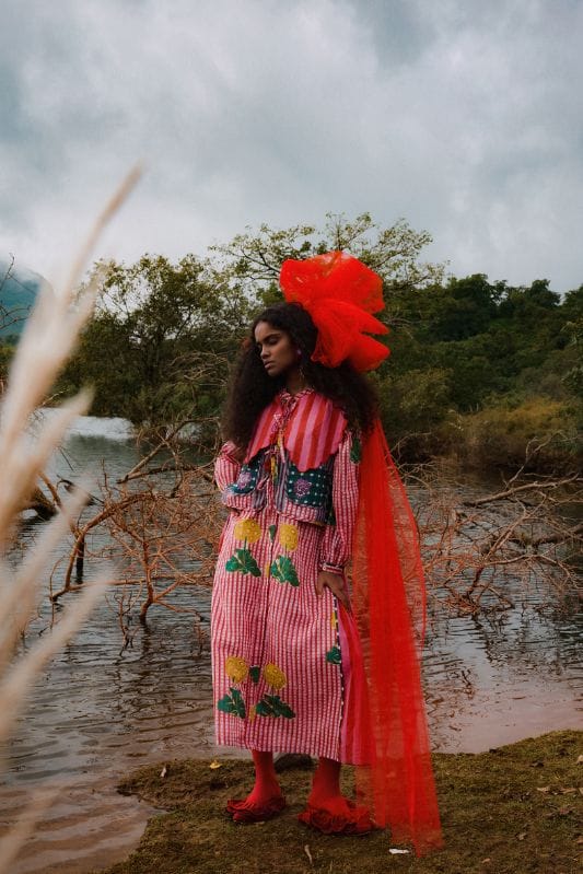 Pink Block Print Midi Shirt Dress with Striped Panels — JODI