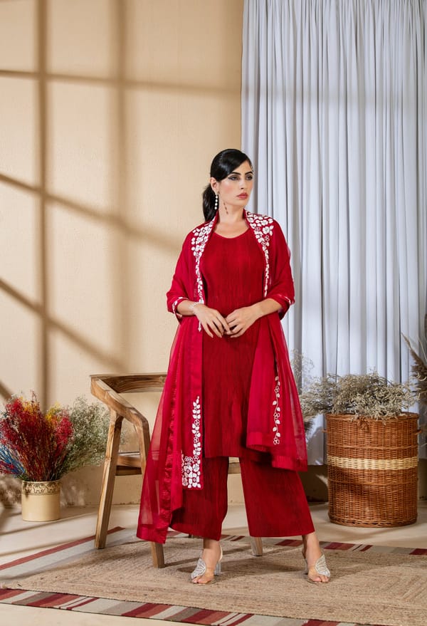 Red Pleated Satin Kurta Set with Pearl-Work Dupatta — PREETI MEHTA