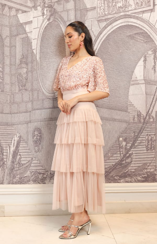 Blush Hand-Embellished Tiered Midi Dress — EDITION II