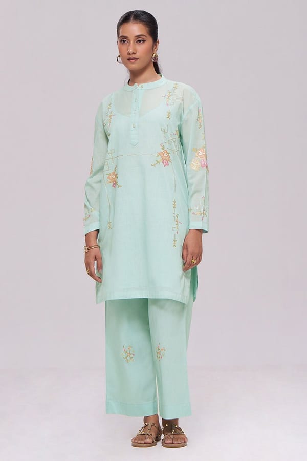 Ice Blue Mul-Chanderi Embroidered Kurta Co-ord Set — Ganga Fashions Pvt Ltd
