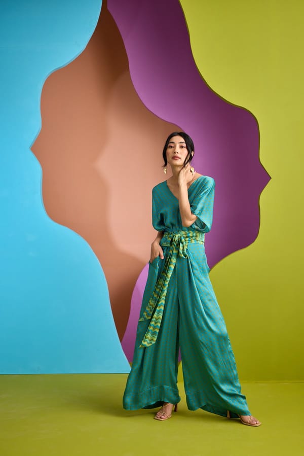 Teal Geometric Print Wide-Leg Maxi Jumpsuit with Tie Belt — CUIN