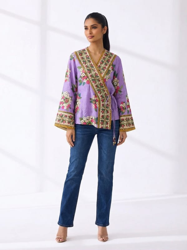Purple/Beige Linen Floral Wrap Co-ord Set — SOUP by Sougat Paul
