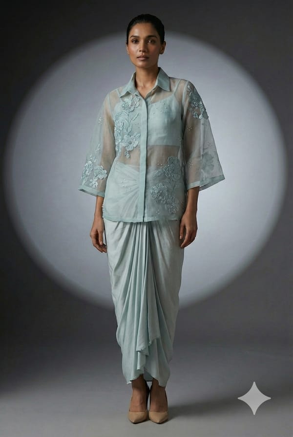 Pearl Petal Sea Blue Organza Shirt With Knot Skirt Set — RUCHIKA MALLIKA LABEL