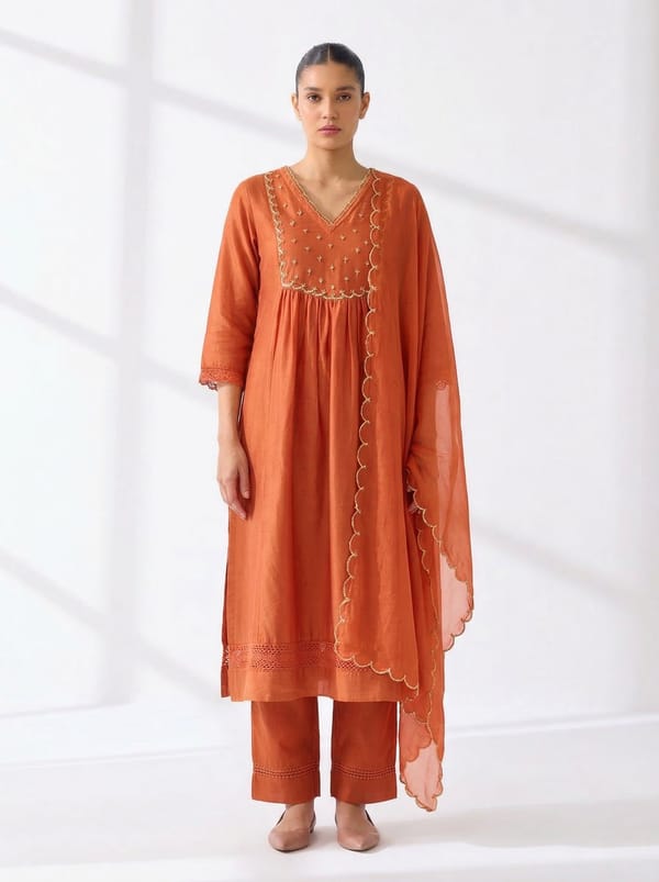 Burnt Orange Chanderi A-Line Kurta Set with Dupatta — Gulabik