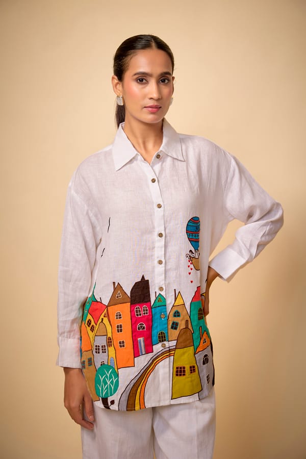 White Linen Big Shirt with Illustrated Print Panel — Linen Bloom