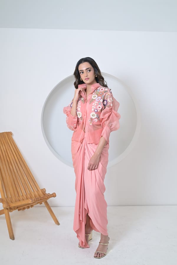Blush Pink Embroidered Shirt and Drape Skirt Co-ord Set — RUCHIKA MALLIKA LABEL