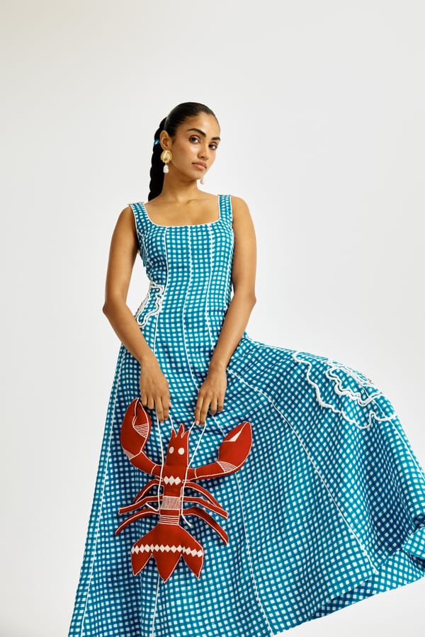 Blue and White Checked Fit and Flare Midi Dress — JODI