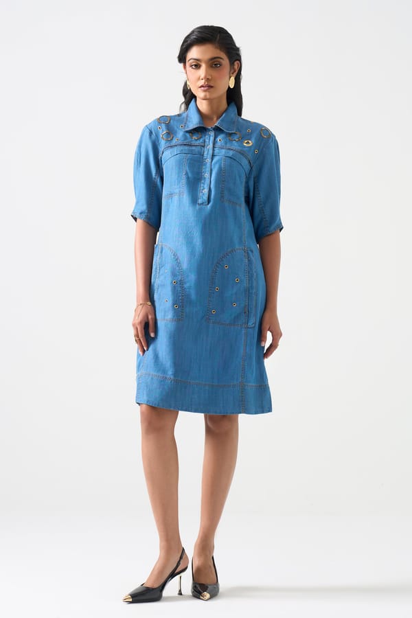 Blue Cotton Shirt Dress with Gold Hardware Detail — STITCH STORIES