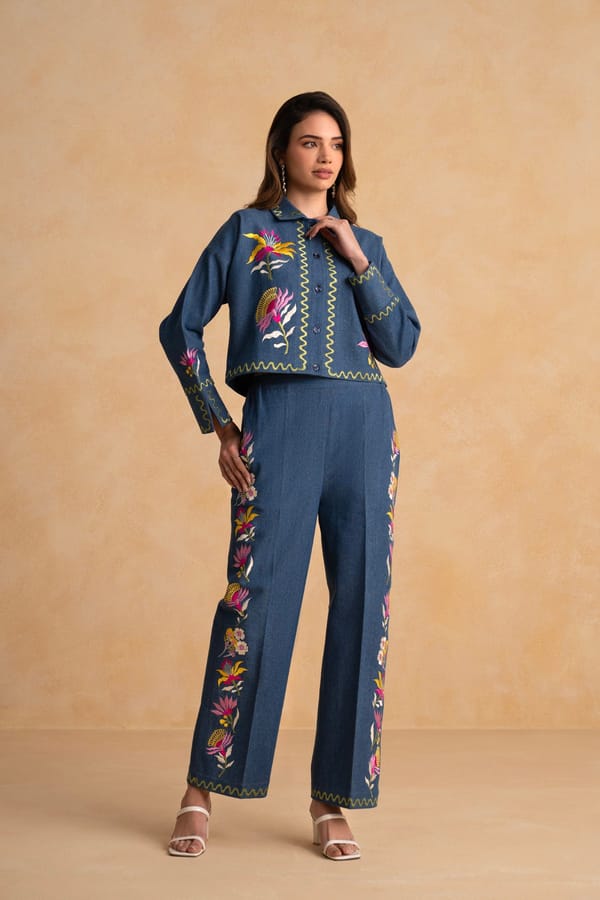 Indigo Blue Embroidered Denim Co-ord Set — Armoire