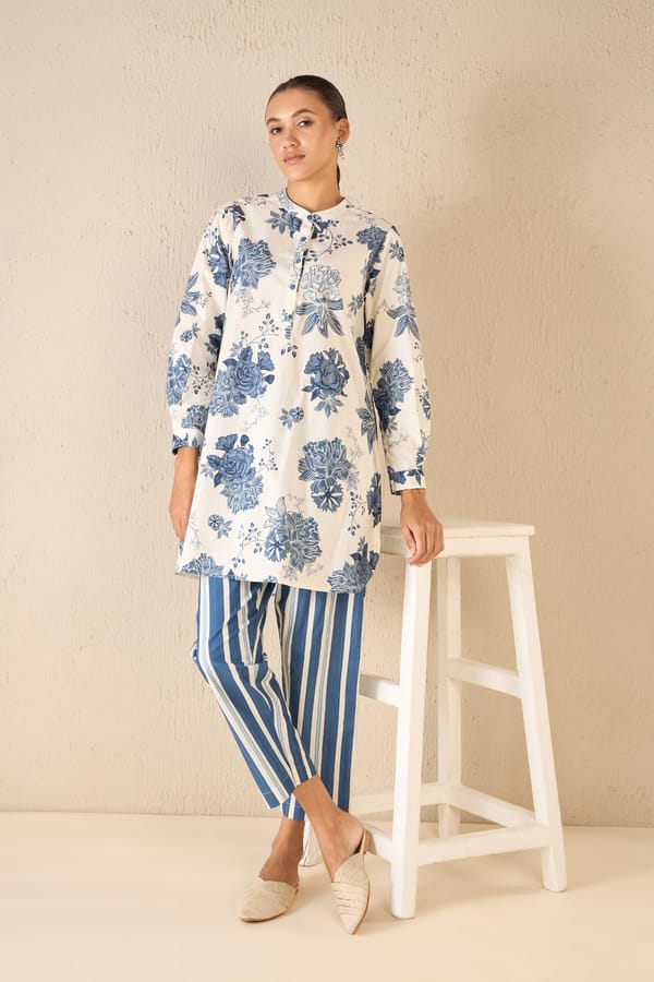 Floral Fantasy: Blue Line Floral Tunic Co-Ord Set — SHIVANI BHARGAVA