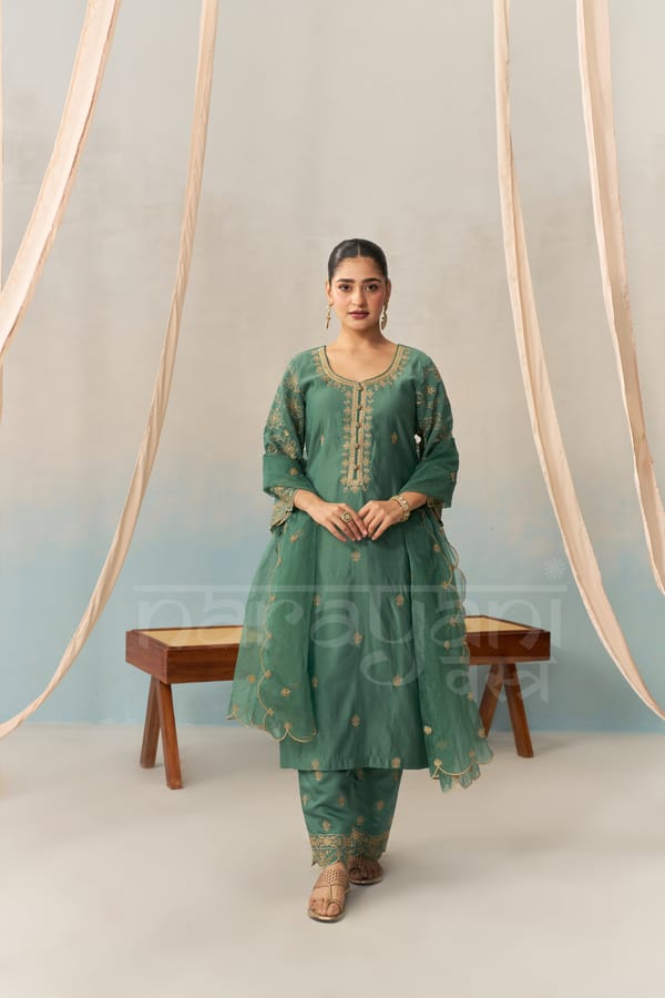 AMEERA - Emerald Green Chanderi Suit Set — NARAYANI VASTRA